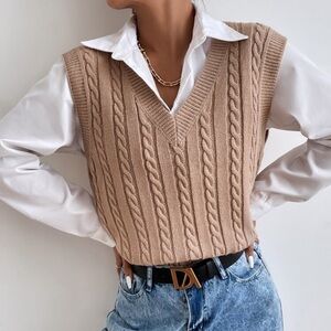 V-Neck Cable Knit Sweater Vest in Tan